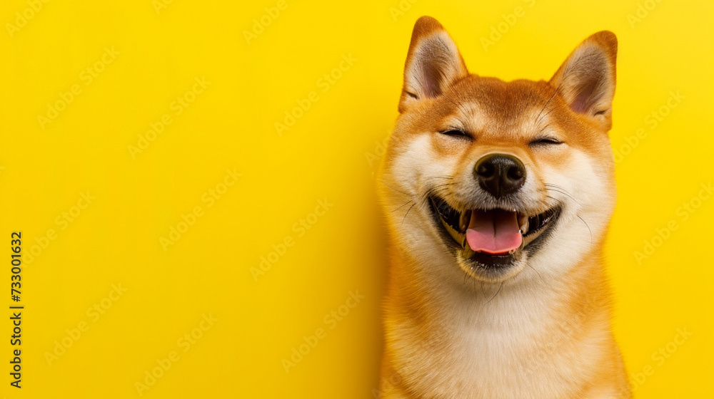 Happy shiba inu dog on yellow. Red-haired Japanese dog smile portrait. AI Generative
