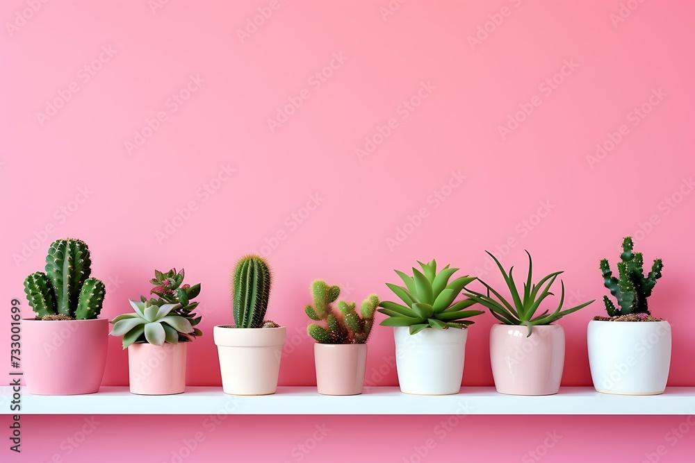 Cactus in pot on shelf against colored wall. House plants background.