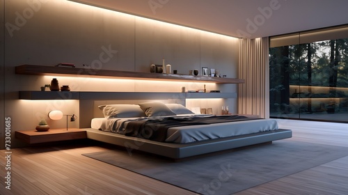 A bedroom with a floating platform bed and integrated, recessed lighting