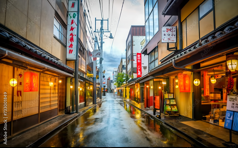 Japanese street view on night time, rainy weather illustration. Various market or shops beside footpath. Japanese street view on night time, rainy weather illustration. Various market or shops beside footpath.