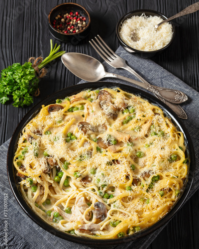 baked chicken tetrazzini in baking dish, top view