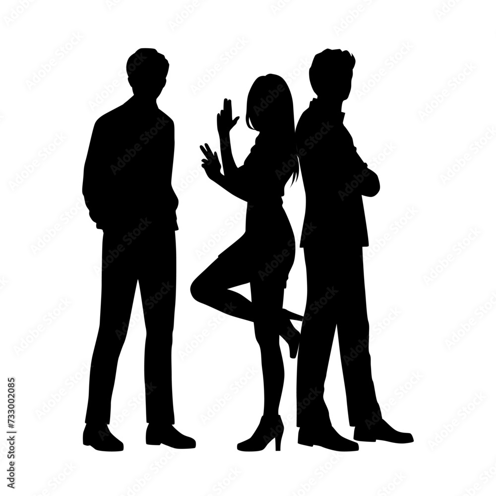 Vector silhouettes of  two men and woman  a group of standing   business people, profile, black  color isolated on white background
