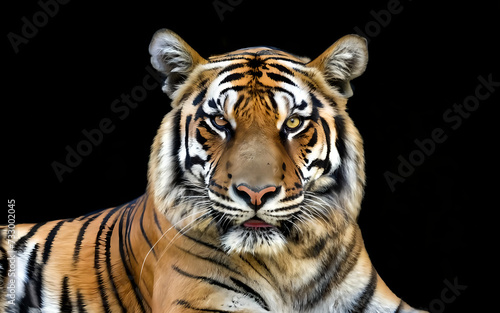 Portrait of a Royal bengal tiger face close view on a isolated black background.