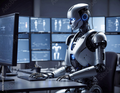 Futuristic Robot Working at High-Tech Control Center