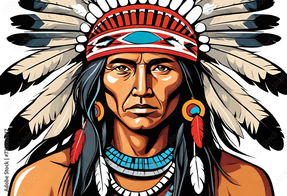 Obraz premium vintage vector clipart of native aboriginal clipart of a chief with headdress and traditional clothes