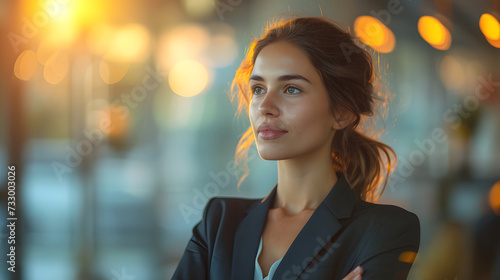 A woman with blonde hair and blue eyes poses for a picture. She is wearing a suit. The sun is setting behind her, creating a warm glow. © wcirco