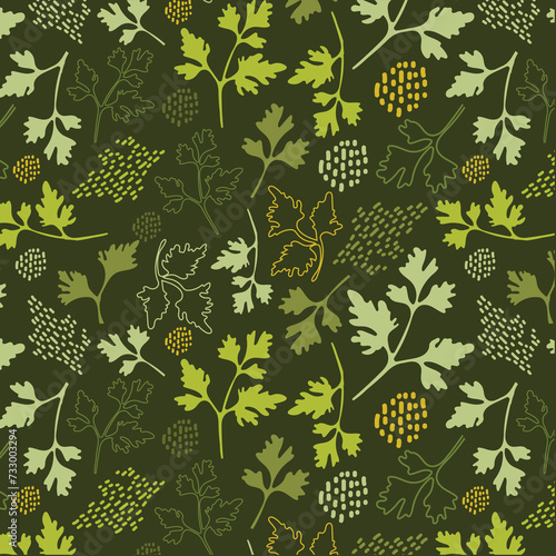 Boho minimalist style pattern with parsley plant for wrapping paper or packaging design with parsley. Vector seamless floral design for kitchen decoration and kitchen textiles.