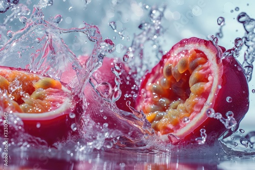 Passion fruit In Water Surreal And Forming A Splash Falling Into The Water Realistic Scene