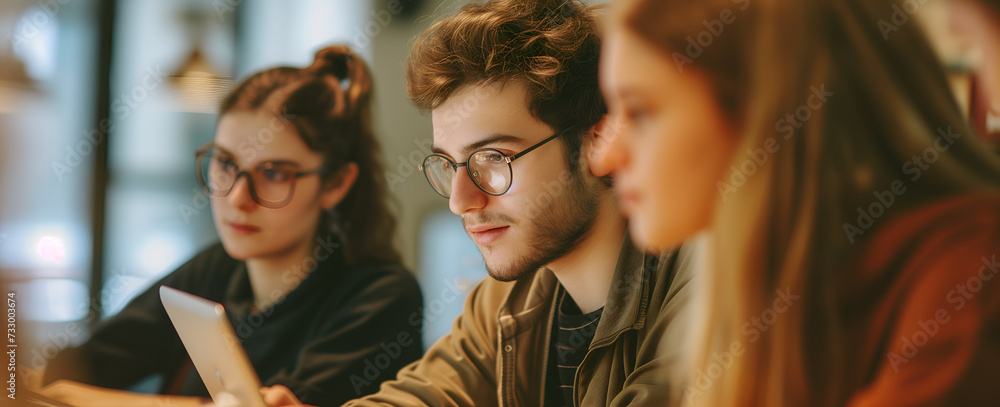 Obraz premium Group of students using digital tablet in cafe. Selective focus.