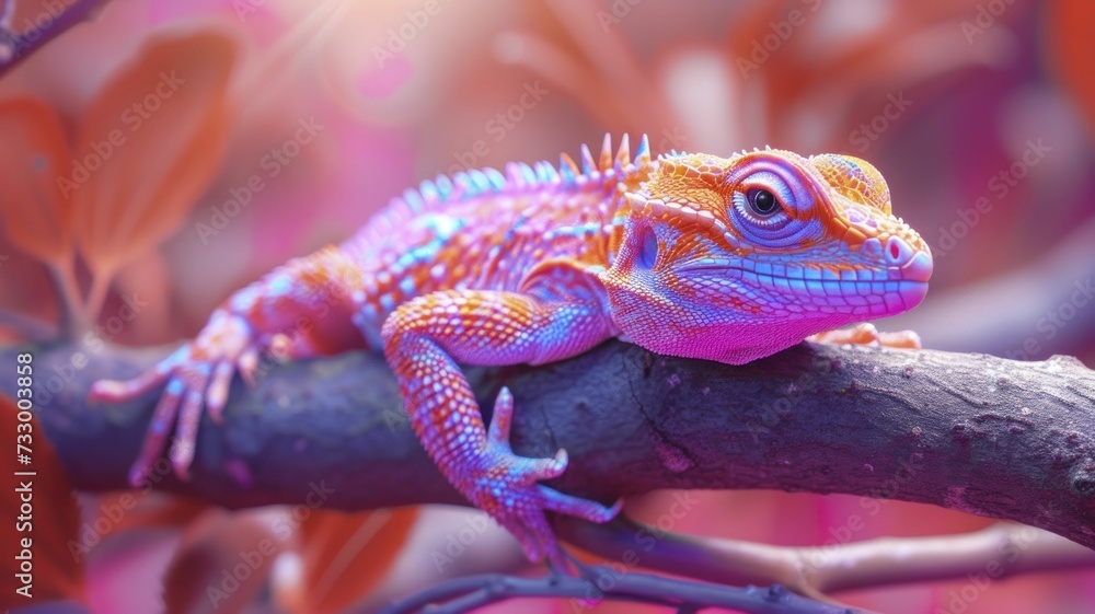 Fototapeta premium Lizard Rests on Branch, Vibrant Skin Against Sorbet Spring Background