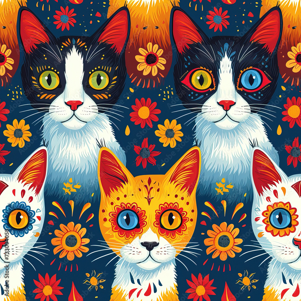 Obraz premium Cat sugar skull cute floral funny Halloween repeat pattern, Day of the Dead festival bone kitty decoration Calavera Mexican Gothic spooky repetitive cartoon