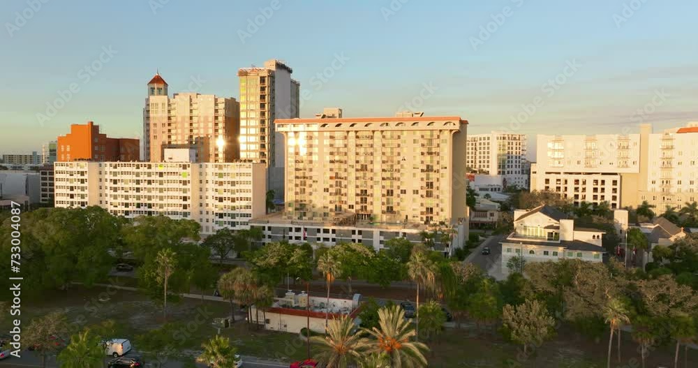 Sarasota, Florida at sunset. American city downtown architecture with high-rise office buildings. Real estate development in Florida. USA travel destination. Sarasota, Florida at sunset. American city downtown architecture with high-rise office buildings. Real estate development in Florida. USA travel destination.