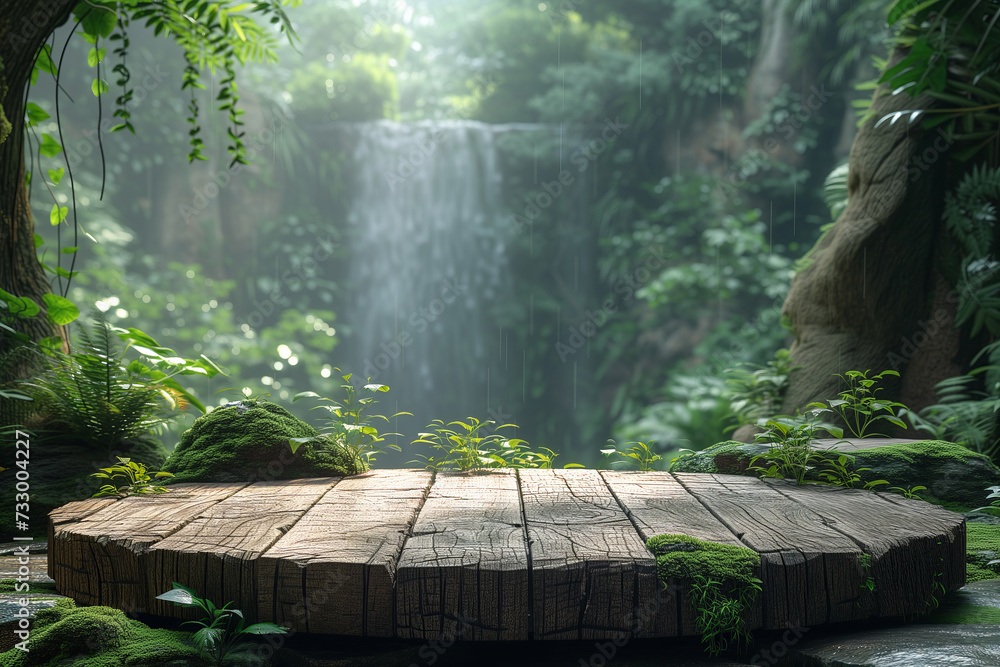 empty brown wooden podium on evergreen rain forest background with large waterfalls behind. Natural water product present placement pedestal counter display, spring summer jungle paradise concept. - obrazy, fototapety, plakaty 
