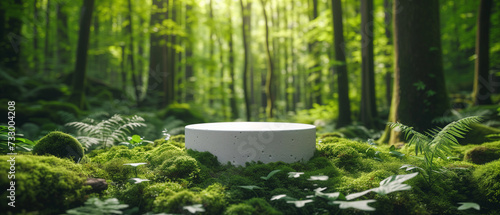 Empty white podium on outdoor green tropical rain forest nature background. Natural product present placement pedestal counter display, spring summer jungle paradise concept.