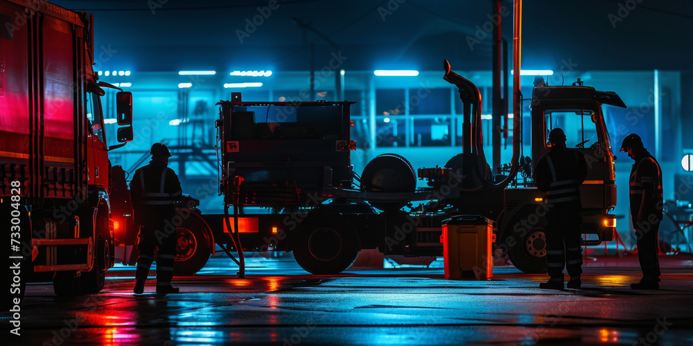 Ghostly Silhouettes of mechanics working Ghostly Silhouettes of mechanics working