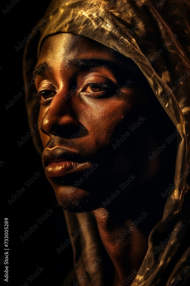 AI generated illustration of a young African man with a headscarf in the dark for rap album cover AI generated illustration of a young African man with a headscarf in the dark for rap album cover
