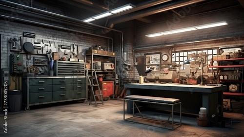 An industrial-style garage with wall-mounted storage and a workbench