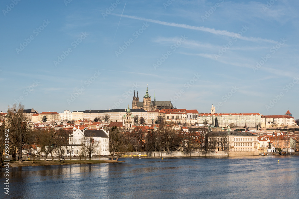 Vltava tiver with Mala Strana and Hradcany with Prazsky hrad castle above in Prague city