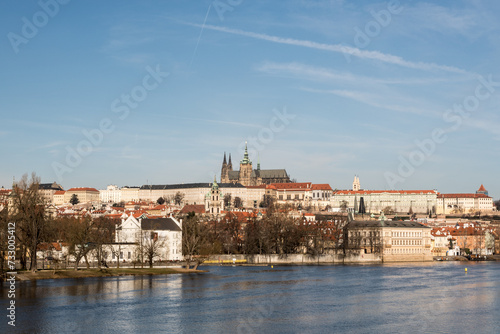 Vltava tiver with Mala Strana and Hradcany with Prazsky hrad castle above in Prague city © honza28683