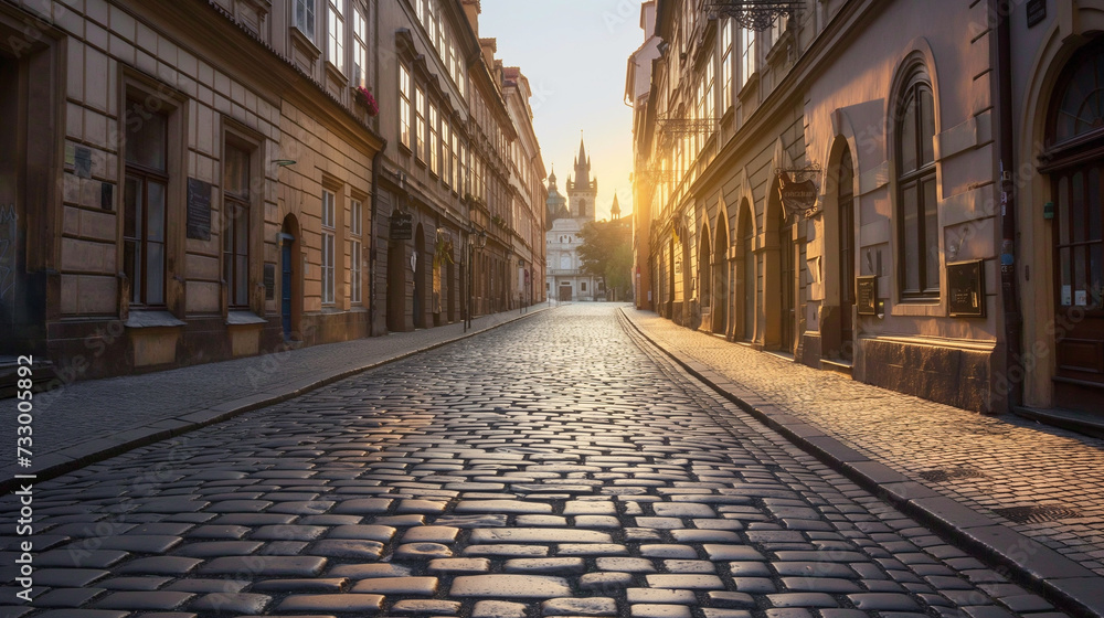 Sunrise Serenade in Prague: The First Rays of Sun Casting Golden Light on the Timeless Cobblestone Streets and Baroque Towers.