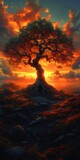 A solitary oak tree standing tall against a fiery sunset, its branches reaching out as if in a powerful embrace with the sky.