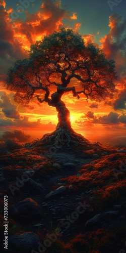 A solitary oak tree standing tall against a fiery sunset, its branches reaching out as if in a powerful embrace with the sky.