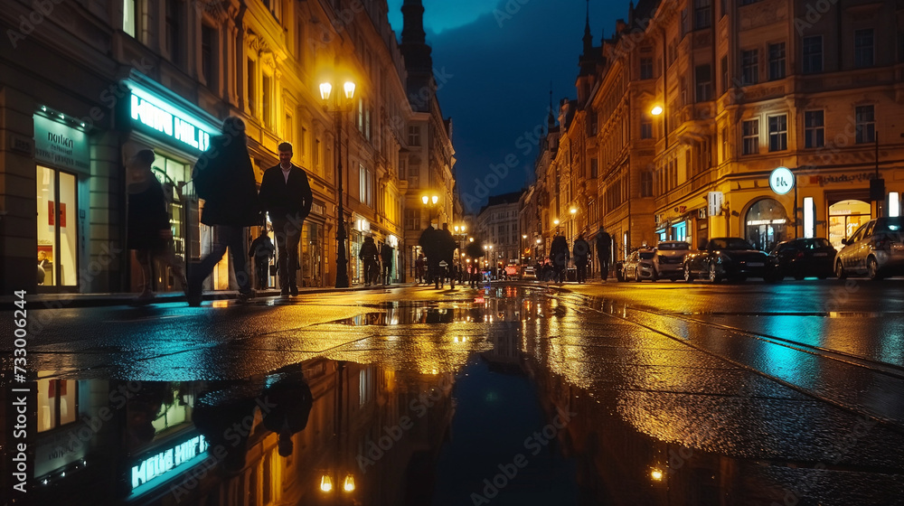 Prague by Night: Rain-Glistened Cobblestones and Historic Street Lamps Reflecting in Puddles Along a Bustling Evening Boulevard.