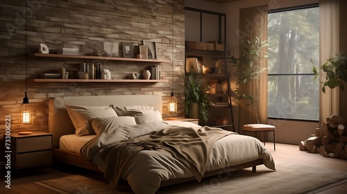 An earthy-toned bedroom with hidden storage solutions, combining warm browns, greens, and beige for a natural feel © Wardx