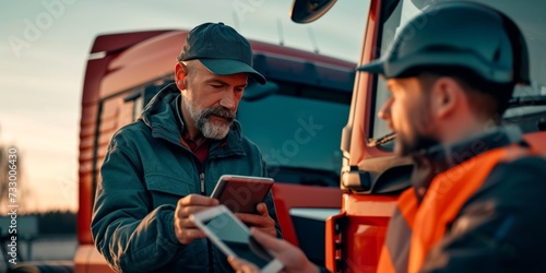 Technician Consults With a truck Driver photo