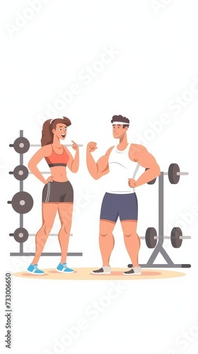 A girl and a guy are talking in a fitness club. Young people chatting cheerfully in the gym. Sports concept © poto8313