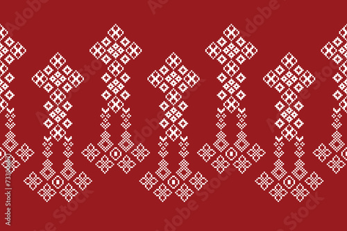 Traditional ethnic motifs ikat geometric fabric pattern cross stitch.Ikat embroidery Ethnic oriental Pixel red background. Abstract,vector,illustration. Texture,christmas,decoration,wallpaper.