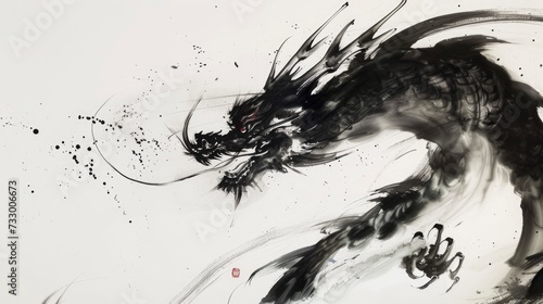 Ink Artistic Conception Close-Up of a Black Chinese Dragon, Abstract Simplicity, Resembling Chinese Painting, Against a White Background