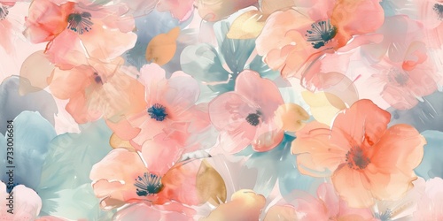 Boho Watercolor Flowers, Muted Tones of Pink, Blue, and Gold with Fine Lines, Minimalistic Design