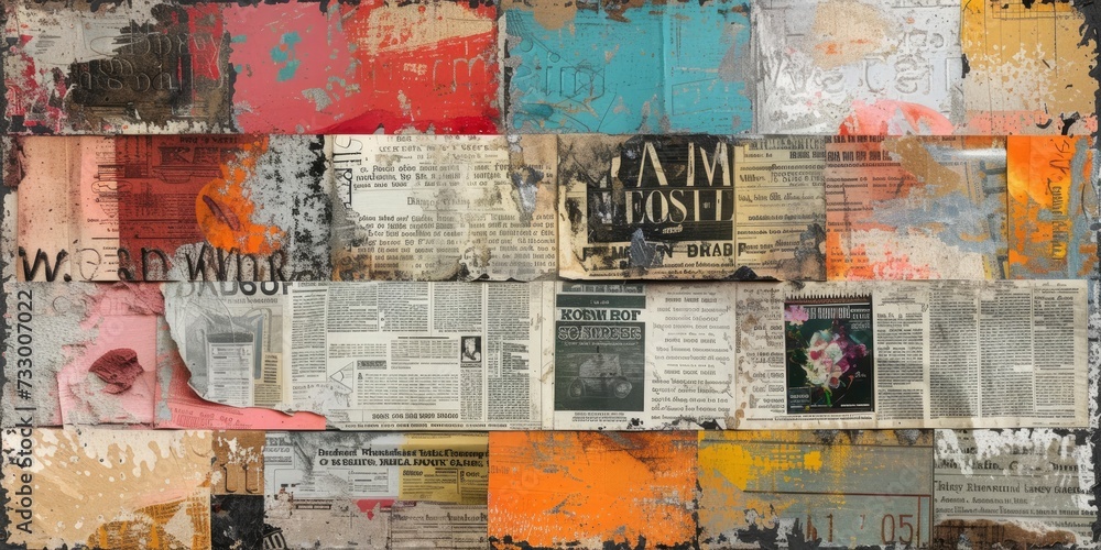 Fototapeta premium Vintage Style Mixed Media Collage Featuring Typography, Newspaper Clippings, and Abstract Patterns, Seamless Pattern for Wallpaper or Background