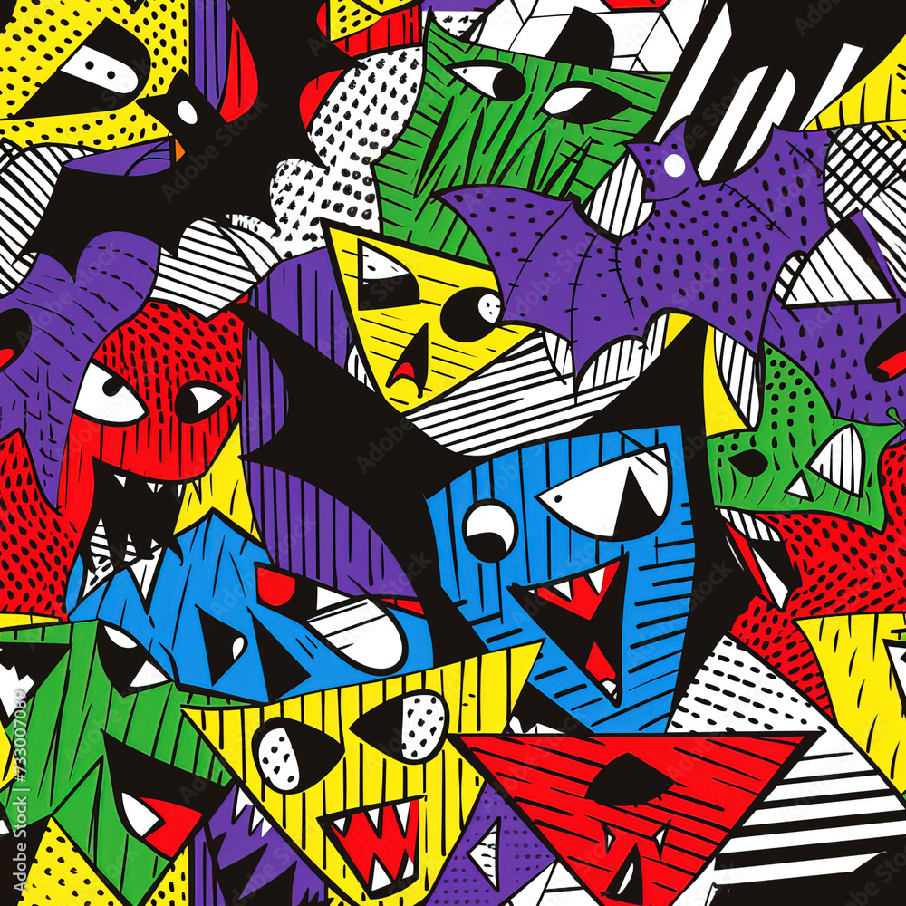 Vampire zombie spooky pop art funky colorful repeat pattern, Halloween cool art repetitive tile