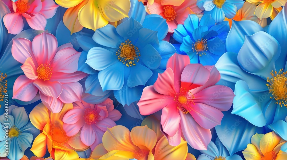 Seamless 3D Floral Design with Vivid Vibrant Blue, Vibrant Yellow, and Vibrant Pink Colors Seamless 3D Floral Design with Vivid Vibrant Blue, Vibrant Yellow, and Vibrant Pink Colors