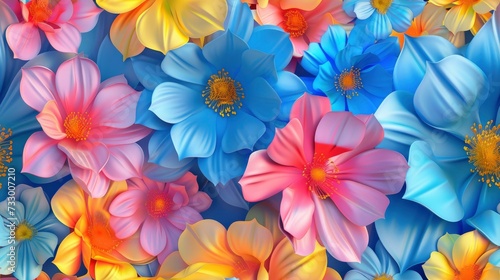 Seamless 3D Floral Design with Vivid Vibrant Blue  Vibrant Yellow  and Vibrant Pink Colors