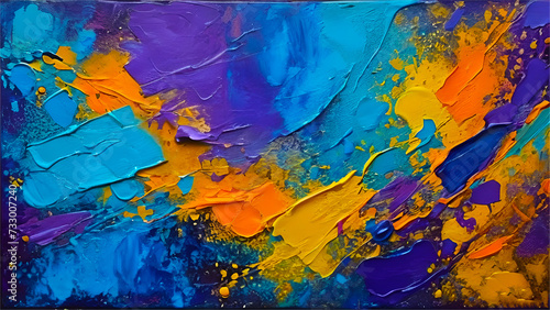 Realistic colorful paint . thick orange yellow purple and turquoise acrylic oil paint stroke on wall. Closeup of abstract rough colorful multicolored art on walls