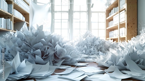 Stacks of papers piled high, forming towering mounds of documents. photo
