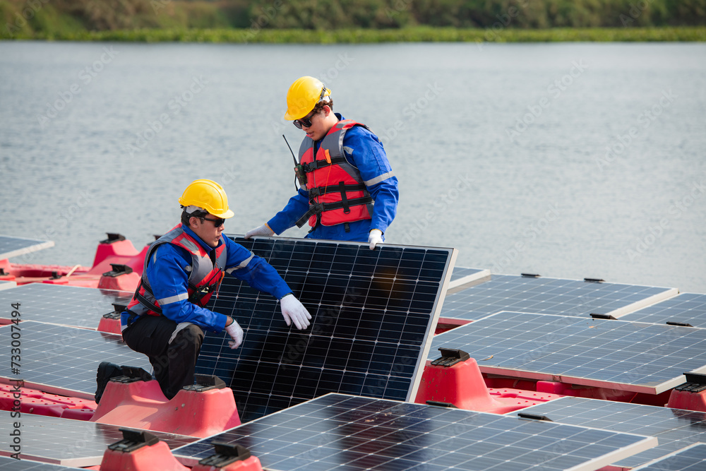 Photovoltaic engineers work on floating photovoltaics. Inspect and repair the solar panel equipment floating on the water. Photovoltaic engineers work on floating photovoltaics. Inspect and repair the solar panel equipment floating on the water.