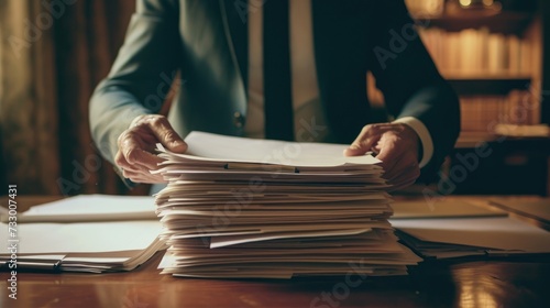 A businessman balancing a stack of paper documents. photo