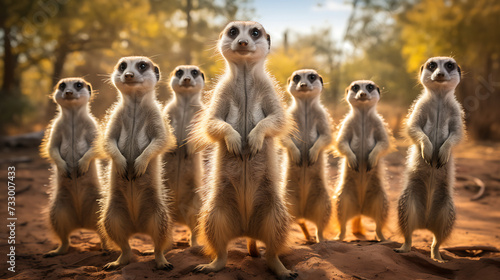 Meerkats standing on hind legs.