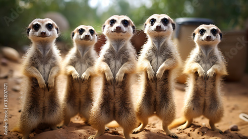 Meerkats standing on hind legs.