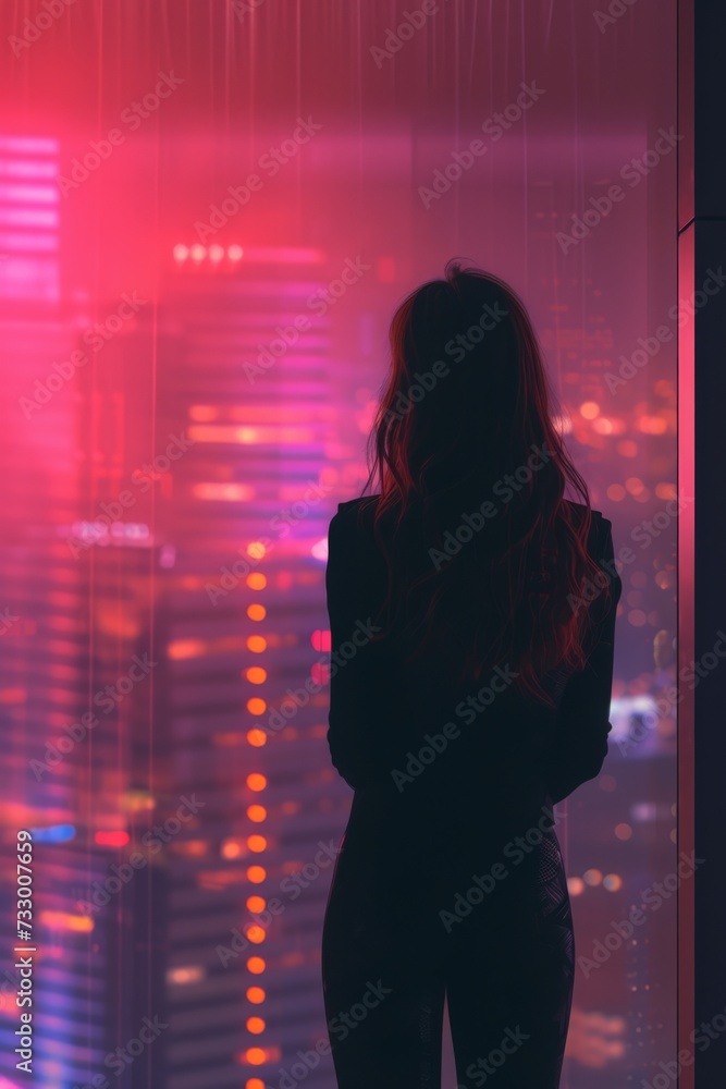 business woman standing alone at the window looking at the city lights, in the style of technology-based art