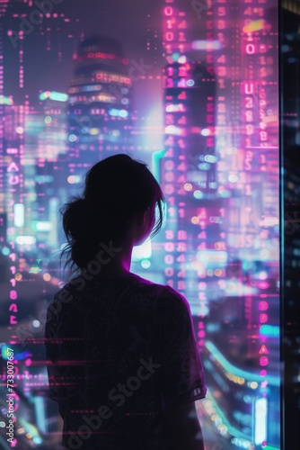 business woman standing alone at the window looking at the city lights, in the style of technology-based art