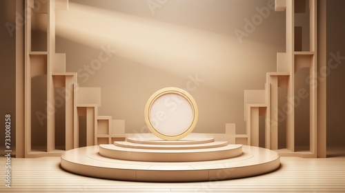 Promotional stand for cosmetic products. Exhibition wooden podium on beige background with fresh flowers on the sides in the sun. Empty podium for displaying product packaging. Mockup  generative ai  