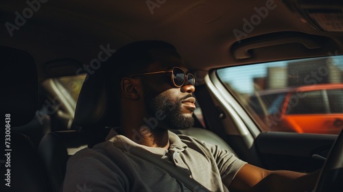 Close-up of a handsome African American man wearing sunglasses, driving a car on a sunny day. Car purchase and rental, travel and vacation concepts. © liliyabatyrova