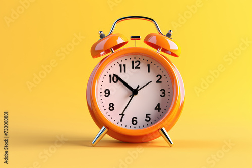 Vintage alarm clock on yellow background. Copy space for text