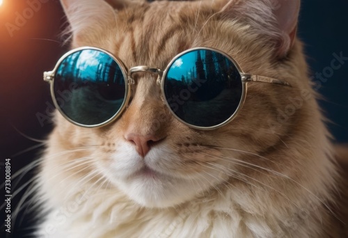 funny cat in round sunglasses close-up