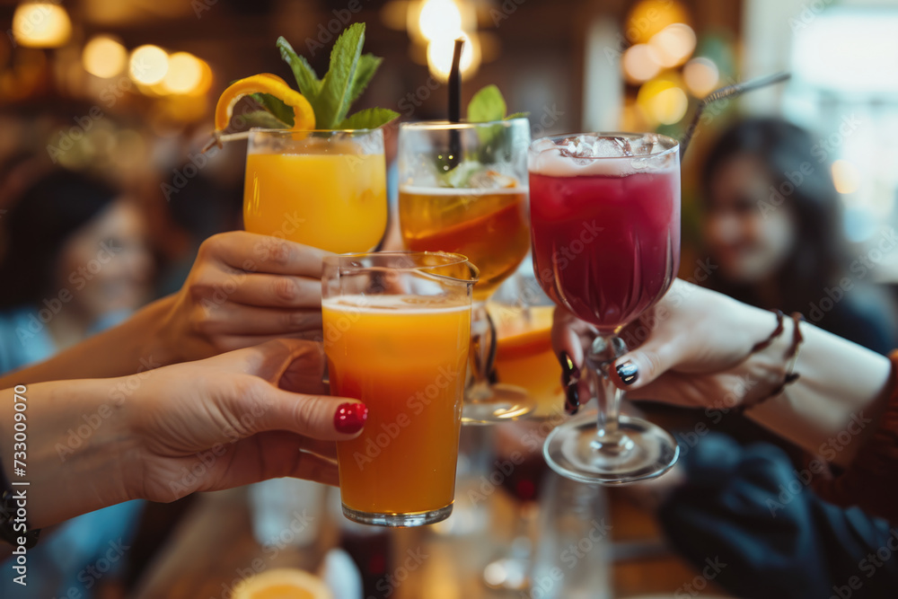 Friends clink their alcoholic cocktail glasses together - carefree young people drink and toast their friendship in the summer. Friends clink their alcoholic cocktail glasses together - carefree young people drink and toast their friendship in the summer.
